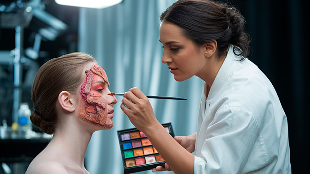 Maquilladora profesional realizando maquillaje de caracterización y efectos especiales en un estudio, con prótesis, heridas falsas y detalles realistas para cine y teatro.