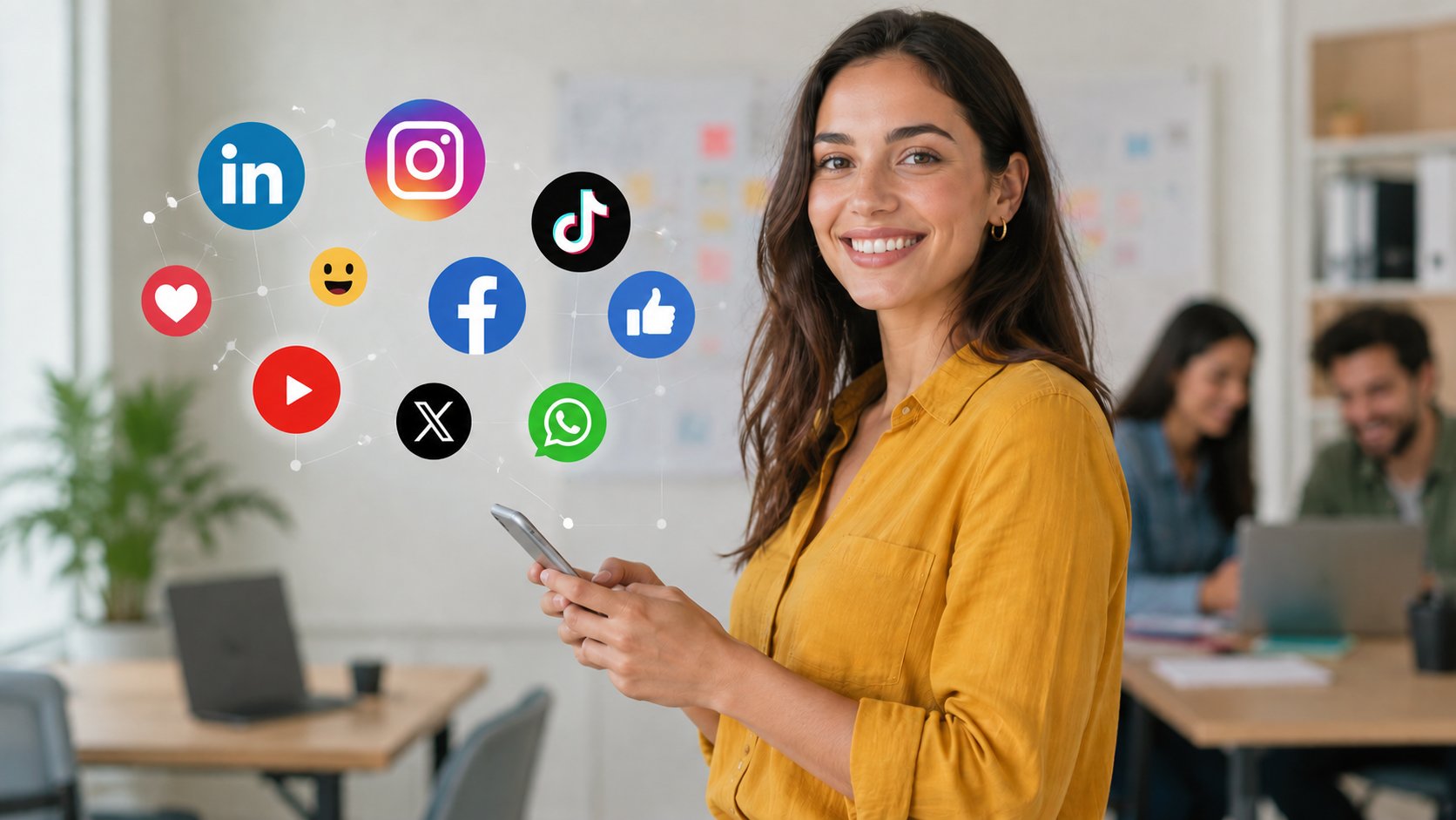 Chica muestra íconos de redes sociales desde su celular, representando el Curso Community Manager y el marketing digital en redes sociales.