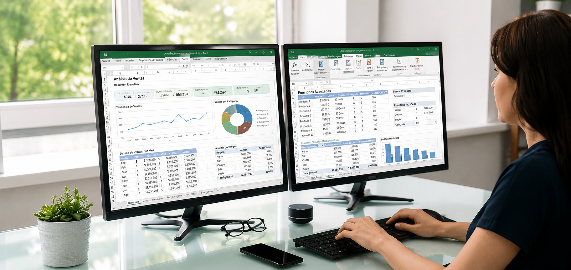 Profesional analizando datos en Excel y reportes digitales en computador para gestión, análisis y visualización de información empresarial.