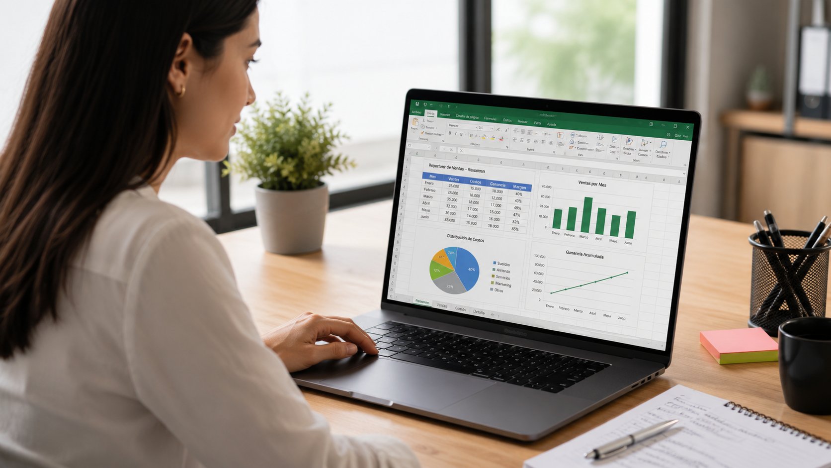 Mujer analizando datos y gráficos en una hoja de cálculo de Excel desde un computador portátil en un entorno de oficina moderna.