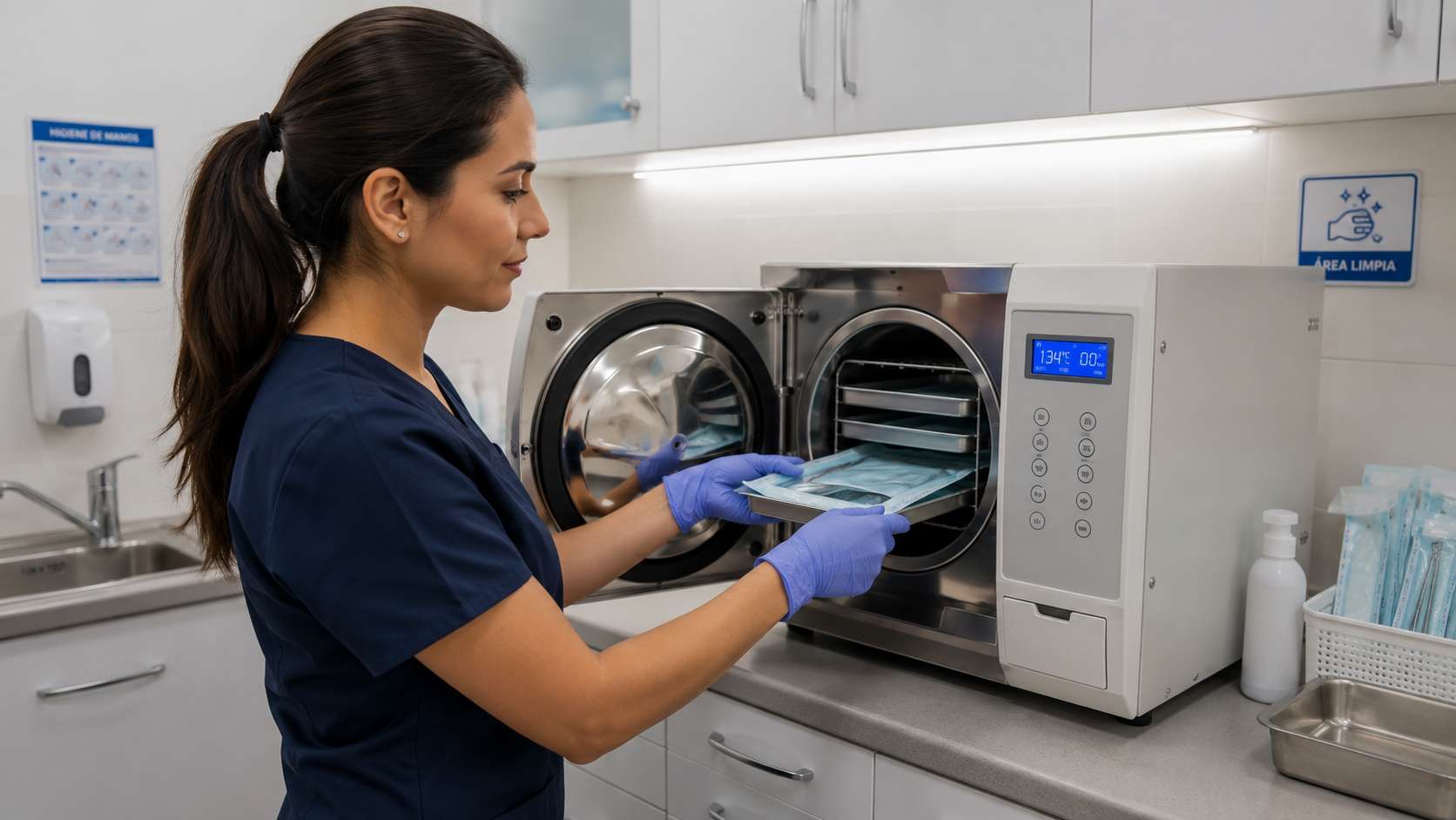 Profesional del área clínica operando un autoclave de sobremesa en una central de esterilización, realizando el proceso de carga de instrumental médico para su esterilización.