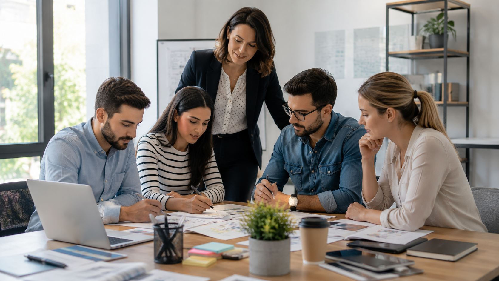 Supervisora liderando una reunión de trabajo con un equipo para fortalecer la supervisión efectiva, la comunicación y el desempeño laboral.
