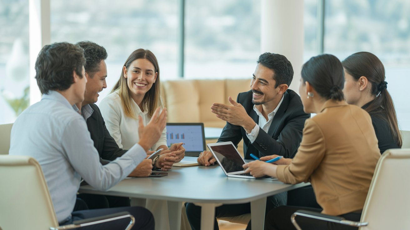 Equipo de trabajo en reunión colaborativa aplicando habilidades de liderazgo y toma de decisiones en un entorno organizacional.
