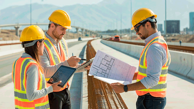 Profesionales de la construcción en Chile aplicando control de calidad y revisión de procesos bajo norma ISO 9001 en obra vial