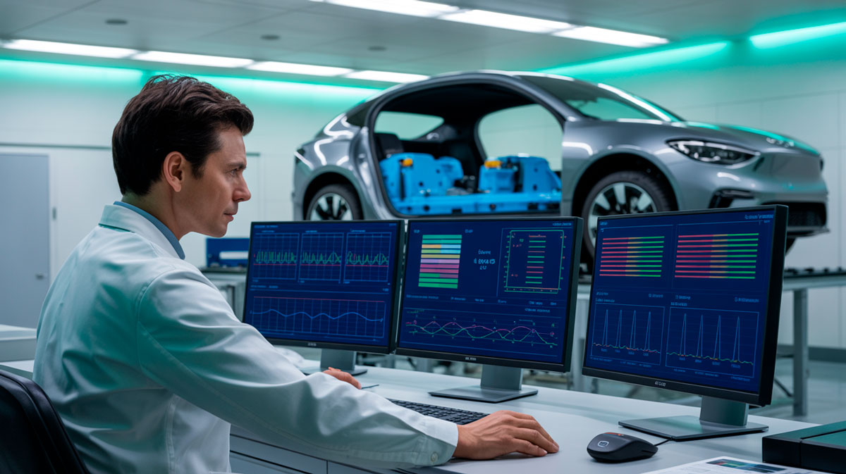 Eficiencia automotriz: profesional analiza en monitores datos y telemetría de un vehículo eléctrico/híbrido en laboratorio