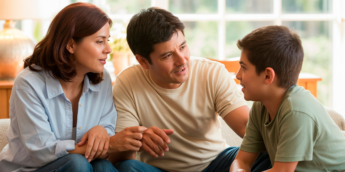 Padres conversando con su hijo adolescente en un ambiente hogareño de convivencia familiar; mostrando escucha activa, empatía y comunicación respetuosa.