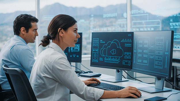 Especialistas chilenos analizando diagramas de arquitectura cloud e infraestructura de servidores en una oficina moderna.