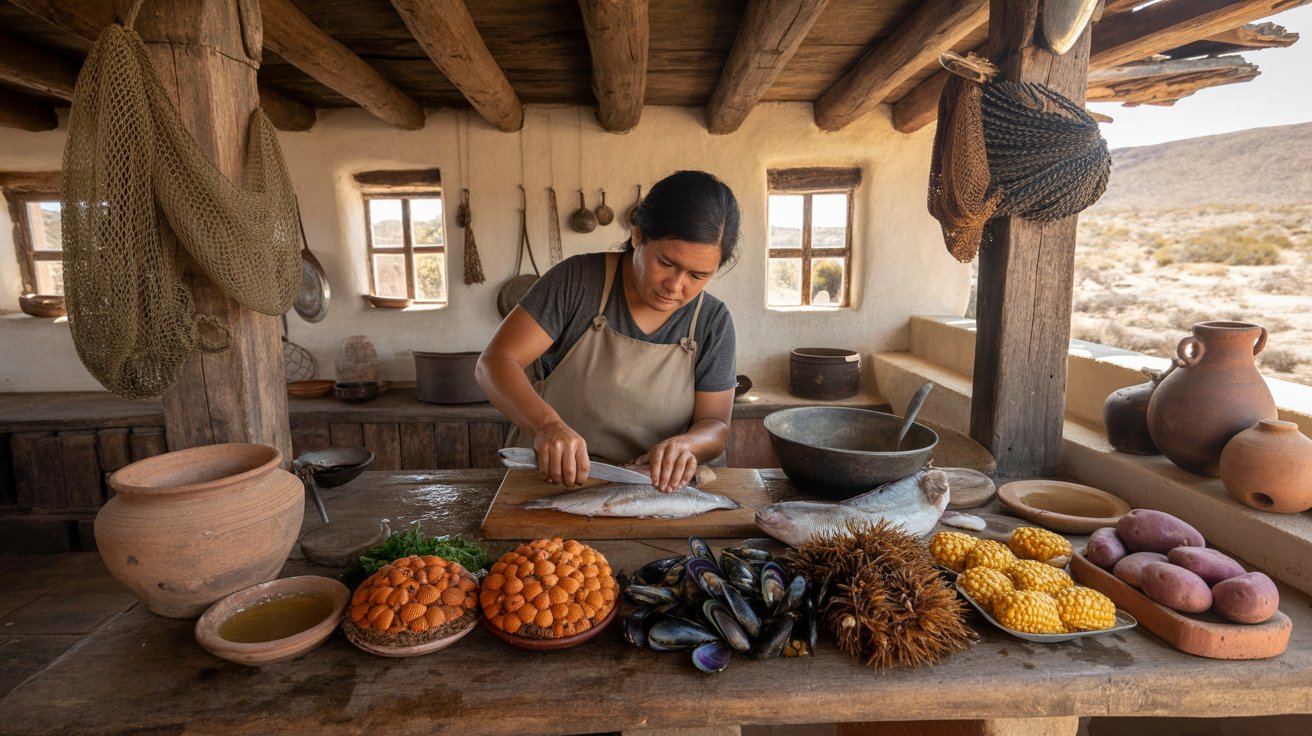 Preparación en cocina nortina tradicional chilena zona norte con ingredientes autóctonos