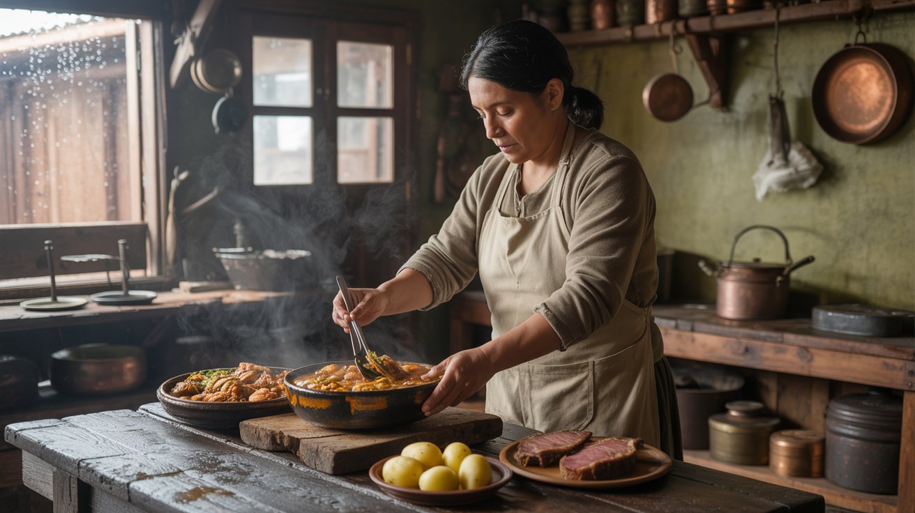 Persona preparando plato típico de cocina sureña chilena en cocina rústica con productos del mar y carnes.