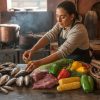 Cocina chilena con mariscos, carnes y vegetales en preparación de platos típicos de la zona centro e insular