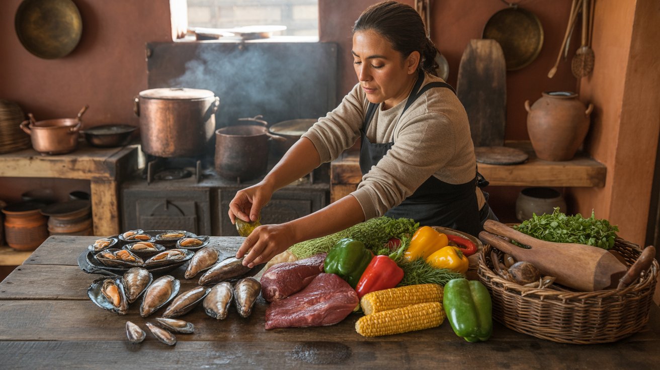 Cocina chilena con mariscos, carnes y vegetales en preparación de platos típicos de la zona centro e insular