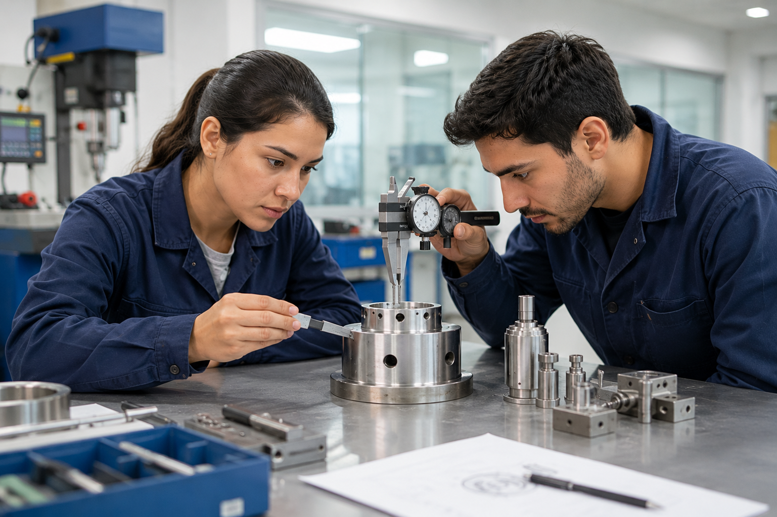Técnicos realizando medición de piezas mecánicas con instrumentos de precisión en metrología para procesos industriales en entorno productivo.