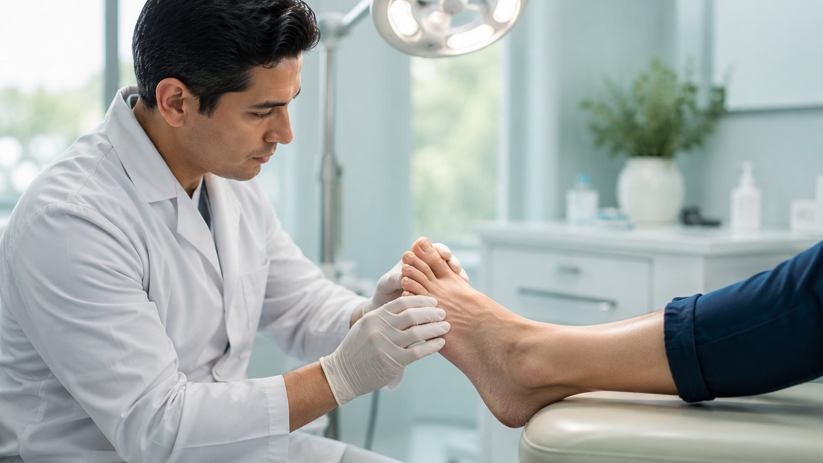 Profesional de la salud examinando un pie durante la evaluación de infecciones de la piel y uñas del pie en un entorno clínico.