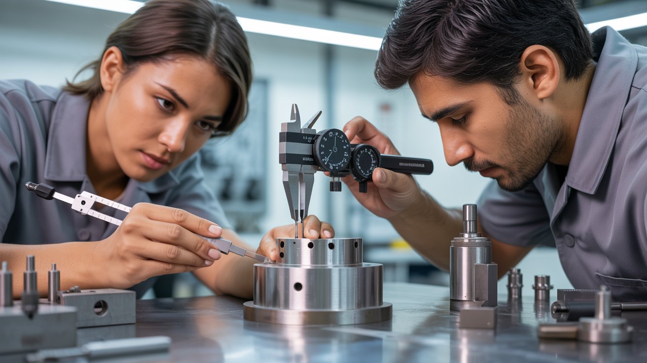 Técnicos realizando medición de piezas mecánicas con instrumentos de precisión en metrología para procesos industriales en entorno productivo.