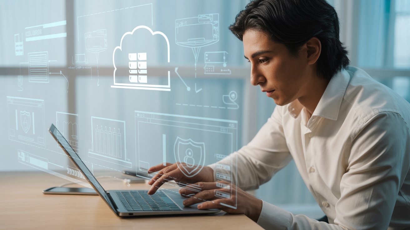 Profesional trabajando en servicios cloud con laptop, gestionando datos, almacenamiento y seguridad en la nube.