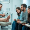 Estudiantes de podología en Chile observando un procedimiento de cuidado del pie en clínica, enfocado en la prevención y estudio de infecciones de la piel y uñas del pie.