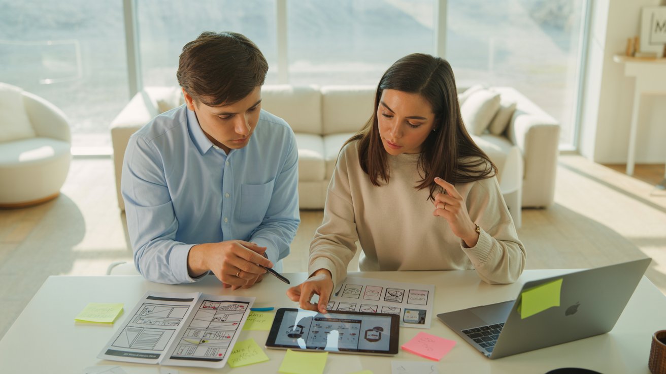 Dos profesionales revisan prototipos digitales y pruebas de usabilidad en un entorno luminoso de trabajo UX Research.