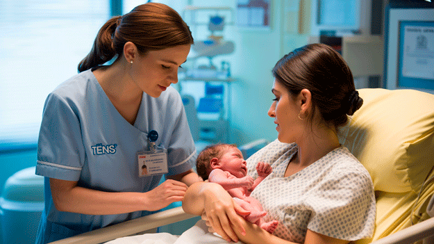 TENS chilena brindando cuidados de neonatología a madre y recién nacido en sala de maternidad