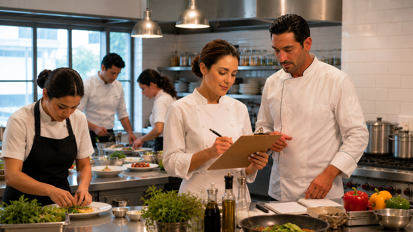 Equipo de cocina profesional planificando menús y revisando inventario en restaurante, gestión de alimentos y bebidas en administración de restaurantes.