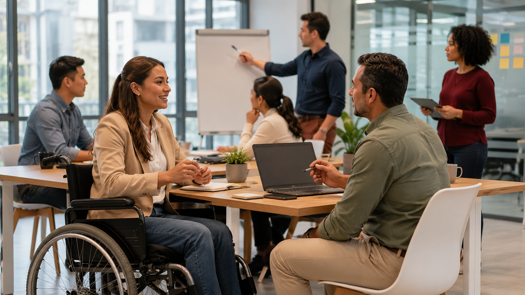 Profesionales de recursos humanos en Chile gestionando inclusión laboral de personas con discapacidad en un entorno de trabajo colaborativo.