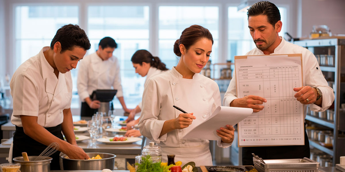 Equipo gastronómico trabajando en cocina profesional mientras aplican procesos de administración de restaurantes, control de costos y planificación operativa.