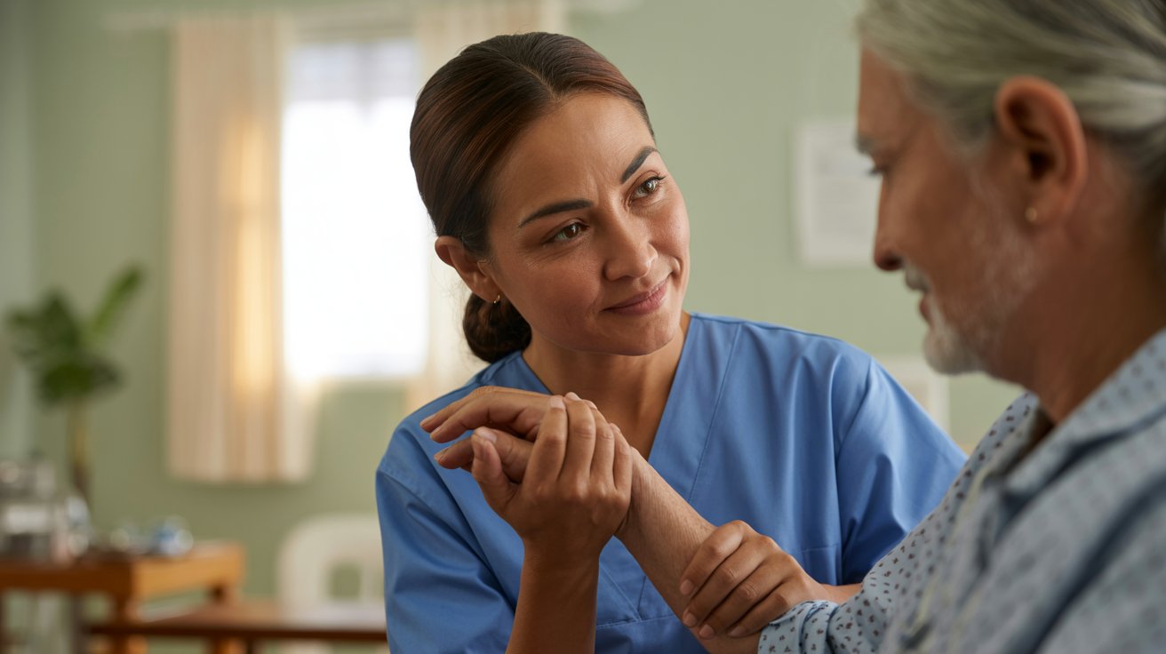 Profesional de salud brindando apoyo a paciente adulto mayor durante atención de cuidados paliativos y manejo del dolor en entorno clínico.