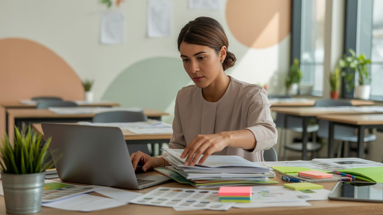 Profesional docente realizando planificación educativa con tecnologías en aula moderna, organizando recursos digitales y materiales para el diseño de propuestas de aprendizaje en entornos híbridos.