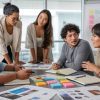 Equipo de profesionales analizando estrategias de comunicación estratégica, marketing digital y posicionamiento de marca en una reunión de planificación organizacional.