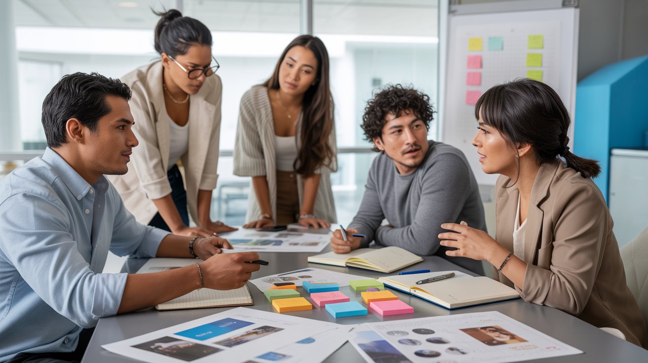 Equipo de profesionales analizando estrategias de comunicación estratégica, marketing digital y posicionamiento de marca en una reunión de planificación organizacional.