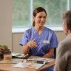 Evaluación nutricional en paciente oncológico durante consulta clínica, abordando estrategias de nutrición y oncología para apoyar el tratamiento del cáncer.