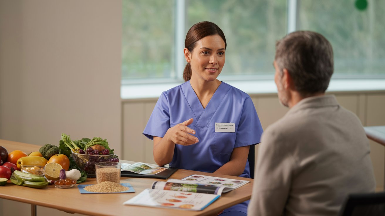 Evaluación nutricional en paciente oncológico durante consulta clínica, abordando estrategias de nutrición y oncología para apoyar el tratamiento del cáncer.