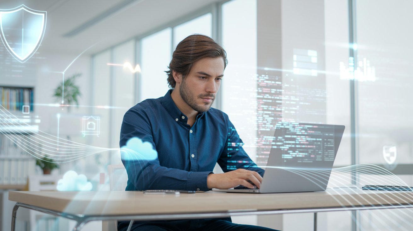Profesional trabajando en un computador con elementos digitales de seguridad, código y protección de sistemas para curso de hacking ético.