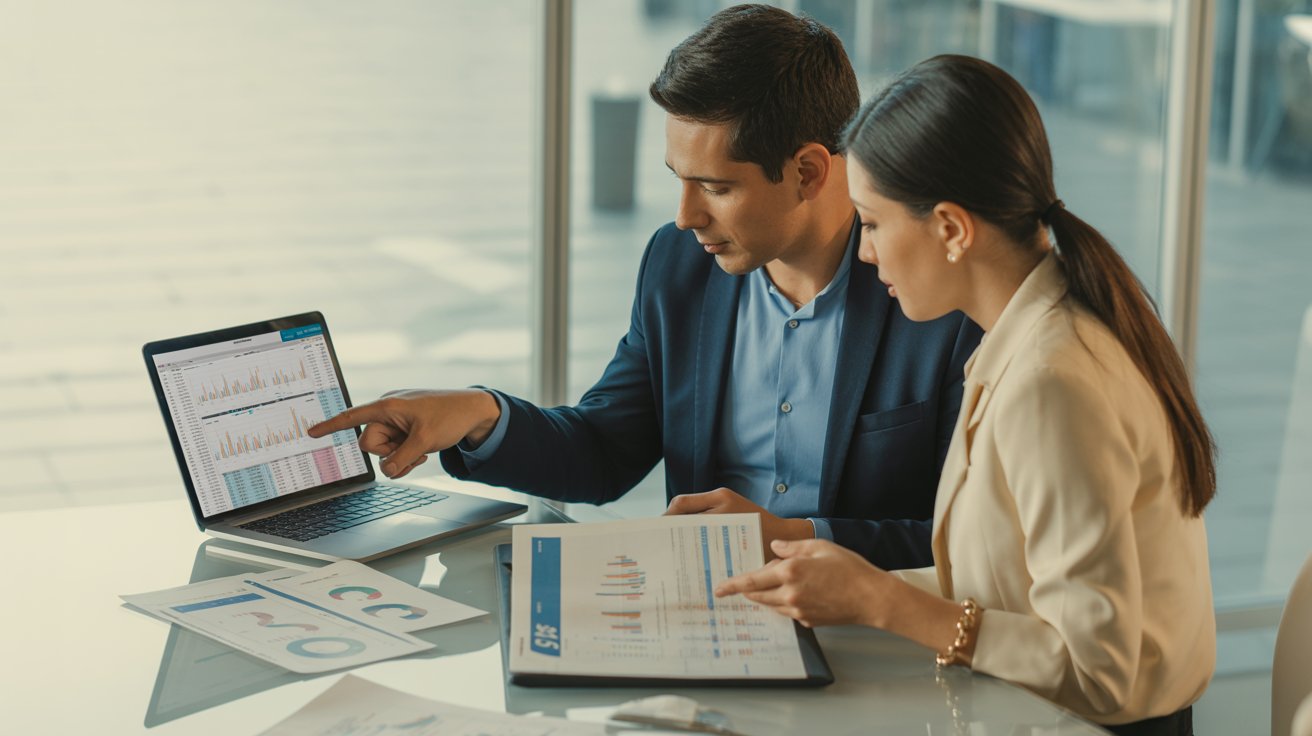 Profesionales analizando estados financieros en computador aplicando normas IFRS para la preparación de eeff y análisis contable.