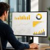 Profesional utilizando Power BI y Excel avanzado para analizar datos, crear dashboards interactivos y visualizar indicadores de gestión en una estación de trabajo moderna.