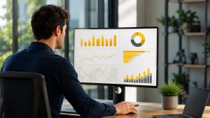 Profesional utilizando Power BI y Excel avanzado para analizar datos, crear dashboards interactivos y visualizar indicadores de gestión en una estación de trabajo moderna.