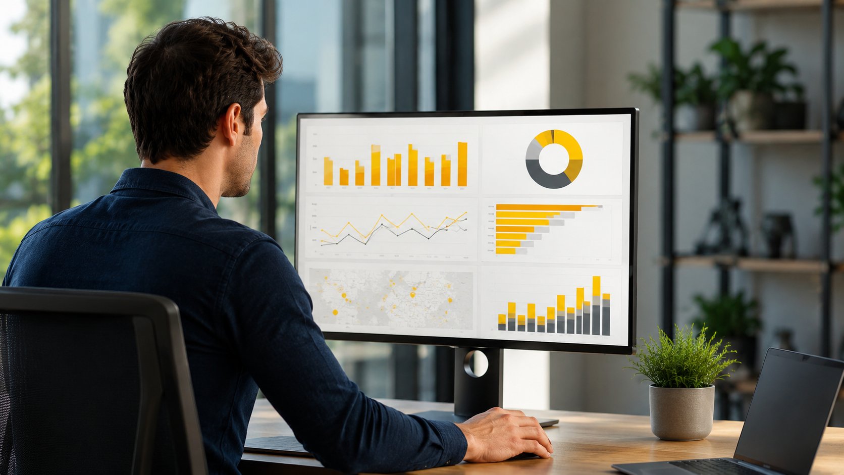 Profesional utilizando Power BI y Excel avanzado para analizar datos, crear dashboards interactivos y visualizar indicadores de gestión en una estación de trabajo moderna.