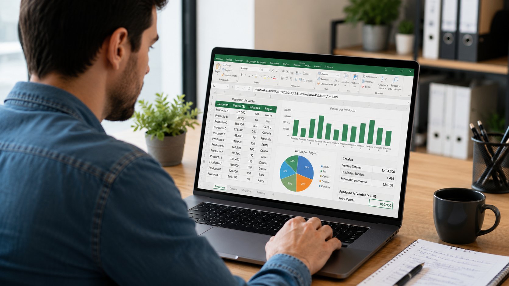 Profesional analizando datos, gráficos y fórmulas en Microsoft Excel desde un computador portátil, utilizando herramientas de gestión y análisis de información.