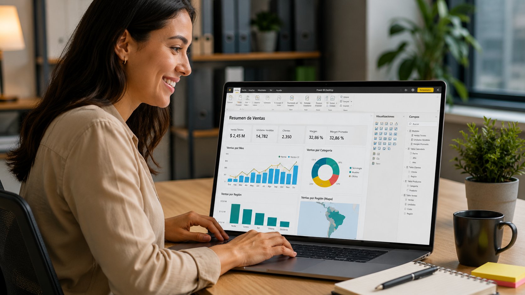 Profesional utilizando Power BI y Excel para analizar datos, crear dashboards interactivos y visualizar indicadores de gestión desde un computador portátil.