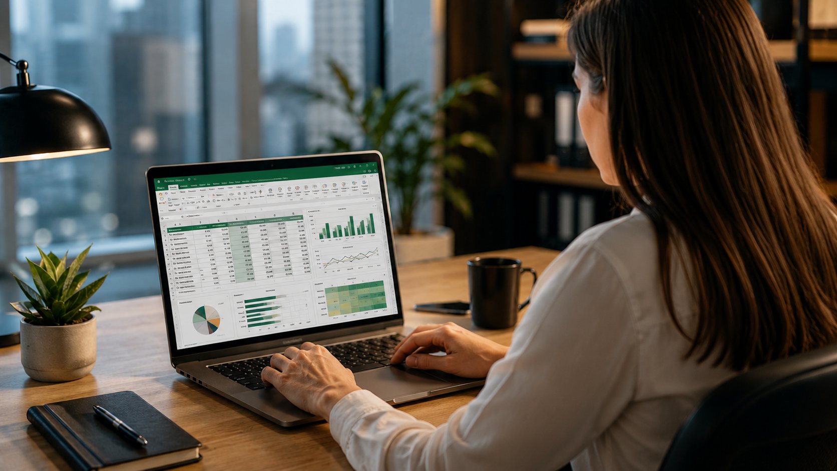 Profesional utilizando Microsoft Excel avanzado en un computador portátil, analizando datos mediante tablas, gráficos, indicadores y herramientas de gestión empresarial.