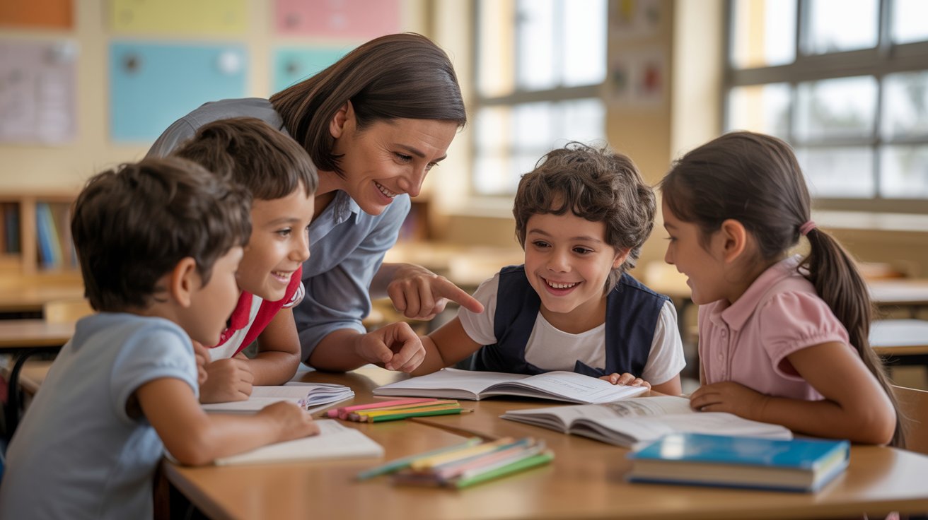 Docente guía a estudiantes en una actividad colaborativa en aula, promoviendo aprendizaje inclusivo, habilidades del siglo XXI y estrategias para aprender en contextos diversos.