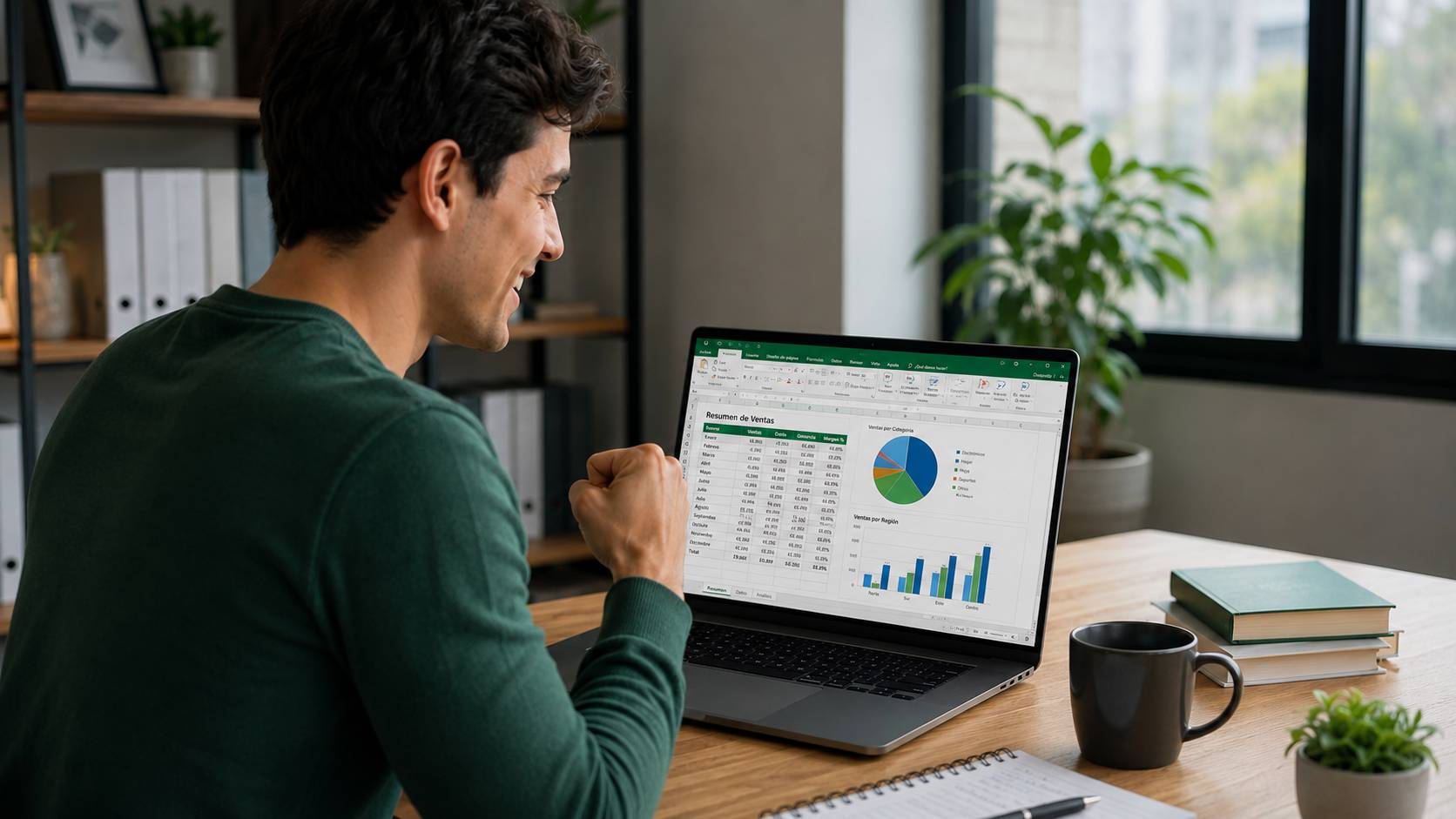 Alumno utilizando Microsoft Excel en notebook con paneles, tablas dinámicas y gráficos para análisis de datos en curso de Excel completo certificado.