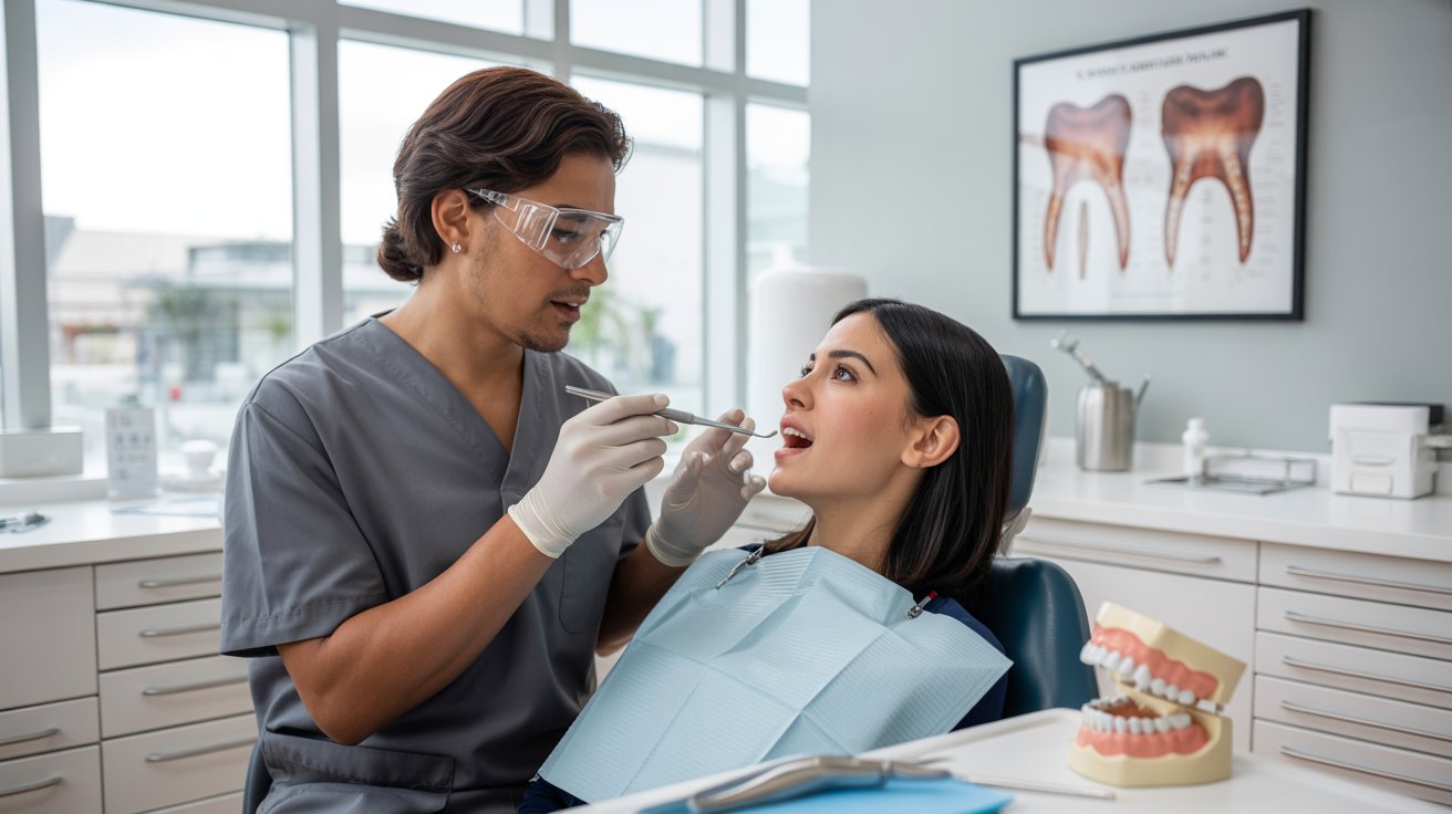 Odontólogo evaluando a paciente en consulta dental aplicando principios de cariología para el diagnóstico y prevención de la caries dental.