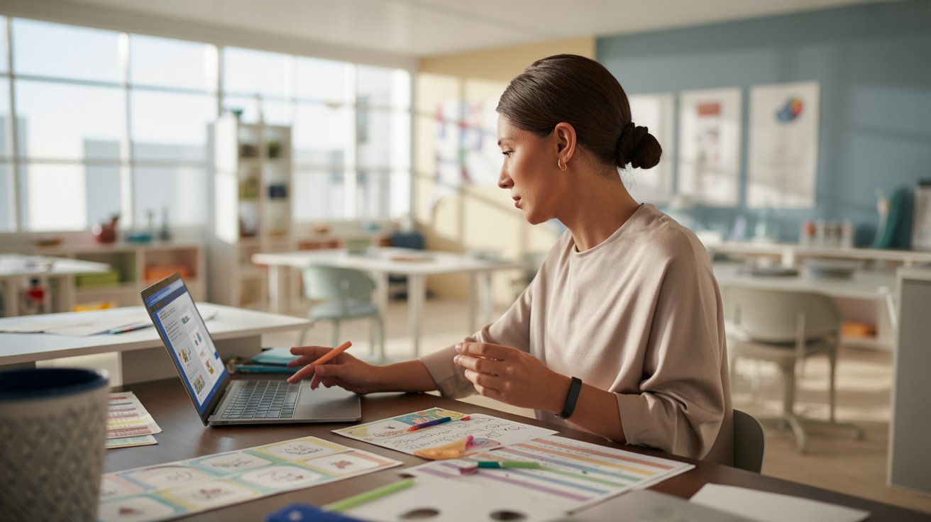 Docente universitaria diseñando estrategias de enseñanza en computador utilizando metodologías didácticas y planificación pedagógica en aula educativa.