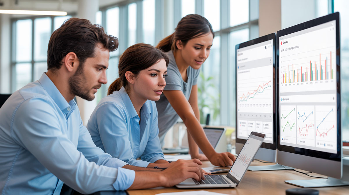 Equipo de profesionales analizando métricas y gráficos de Google Analytics 4 en computadores durante una sesión de trabajo digital.