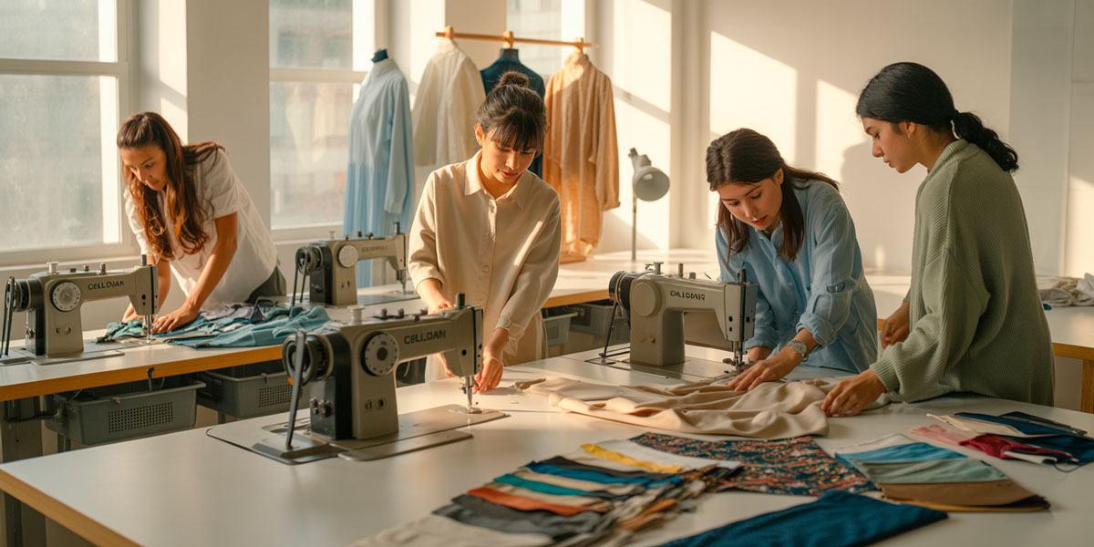 Personas chilenas creando moda sustentable mediante técnicas de upcycling y reciclaje creativo en un taller de diseño.