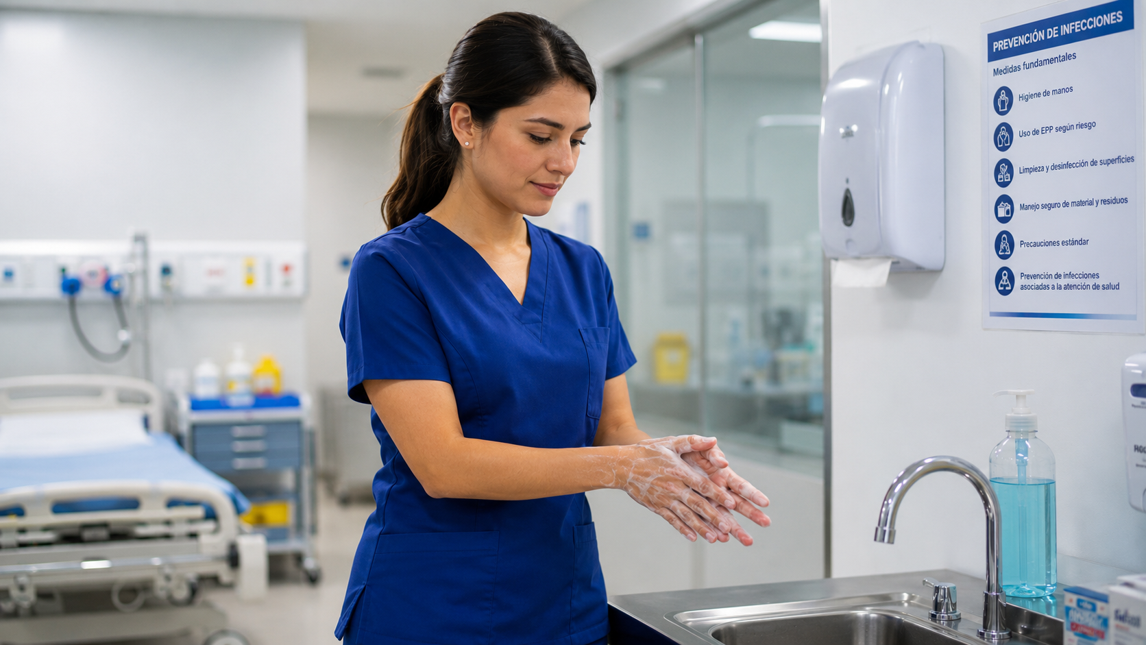 Profesional de la salud realizando higiene de manos como medida de prevención de infecciones asociadas a la atención de salud en un entorno hospitalario.