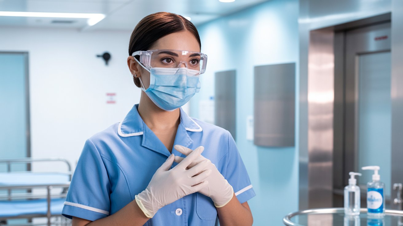 TENS con uniforme celeste y EPP en entorno clínico, representando prevención de infecciones IAAS y seguridad del paciente.