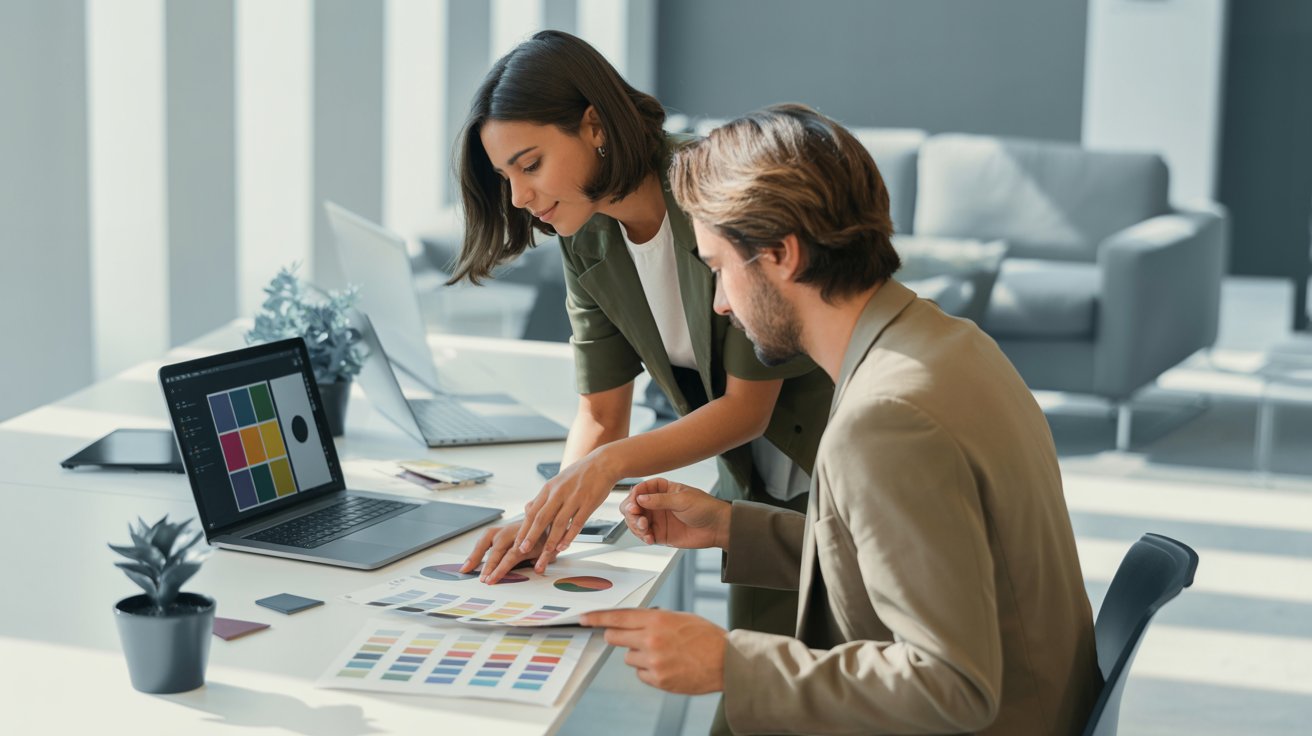 Profesionales trabajando en branding corporativo definiendo paleta de colores e identidad visual en entorno de oficina moderna.