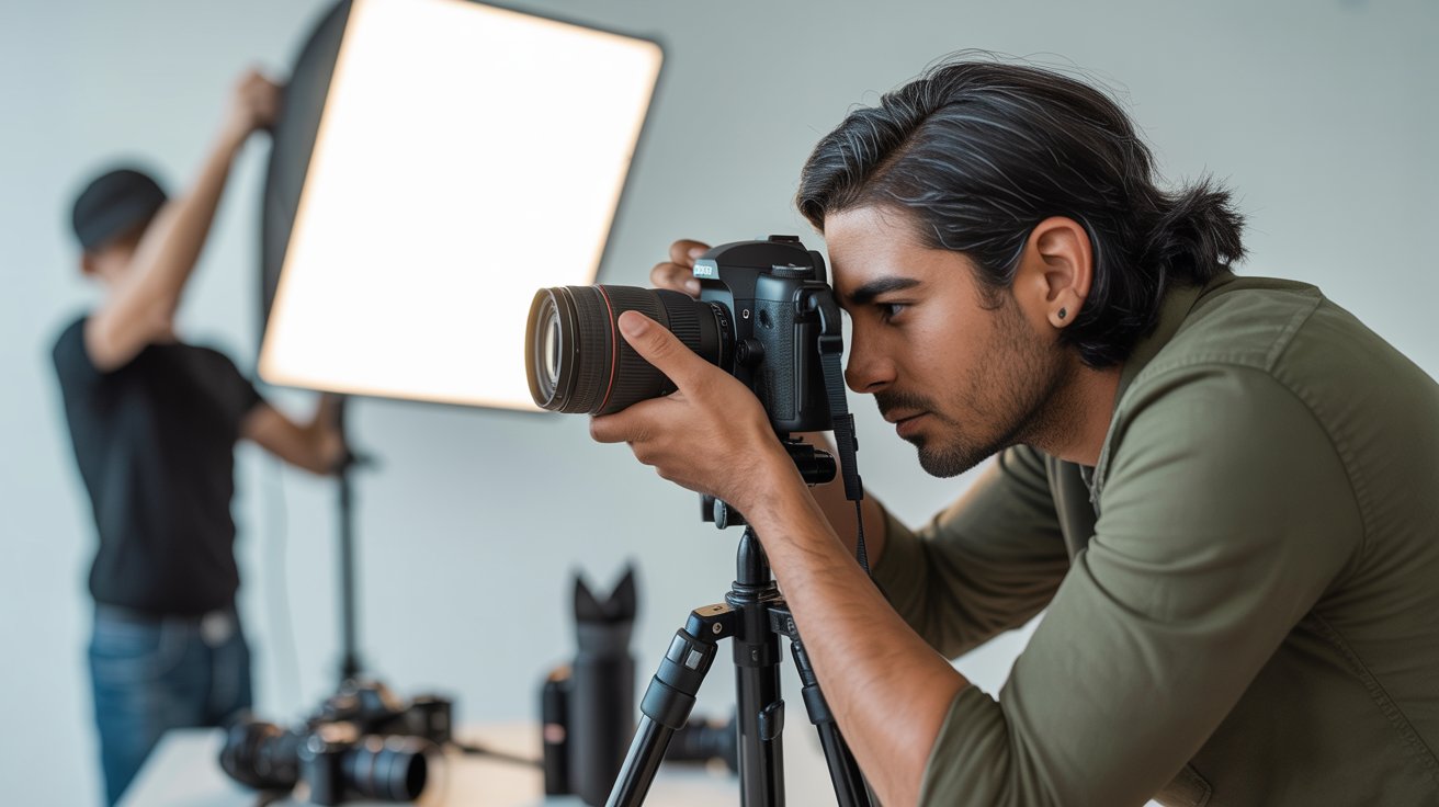 Fotógrafo ajustando cámara digital y luz en estudio aplicando técnicas de fotografía e iluminación