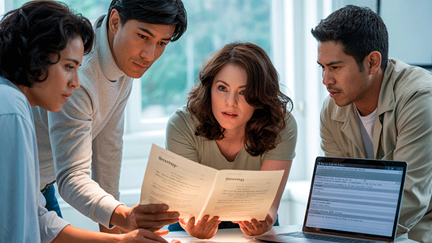 Jóvenes profesionales chilenos trabajando en la redacción de libretos y guiones en un estudio audiovisual.